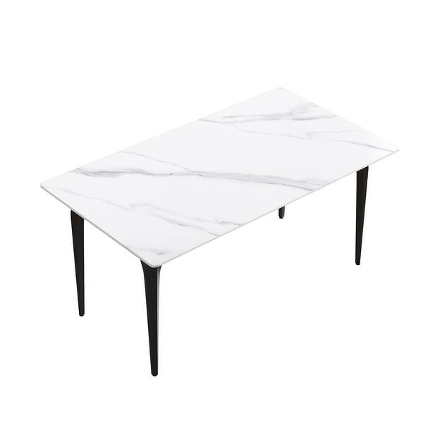 63" Artificial Stone White Straight Edge Black Metal Leg Dining Table